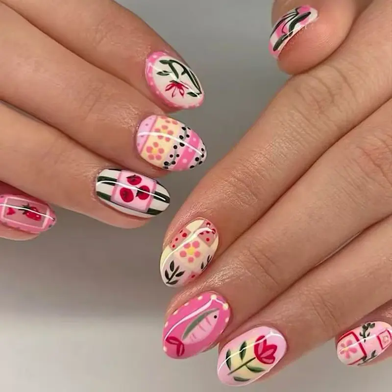 24pcs Spring Garden Oval Nails, Hand-Painted Floral Nail Art, Flower Design Nails, Decorative Nails, Detachable Nail Stickers, No Glue Needed, Reusable, Perfect for Dating and Travel