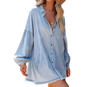 Women's Oversized Distressed Denim Button-Down Shirt Tunic Dress: Flowy Mini Jean Dress with Pockets