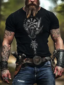 Men'S Viking Nordic Graphic T-Shirt |   Norse Mythology Eagle and Rune Viking Ship Design - Lightweight Breathable Tee - Big and Tall Sizes Available - All-Season Casual Streetwear for Cosplay