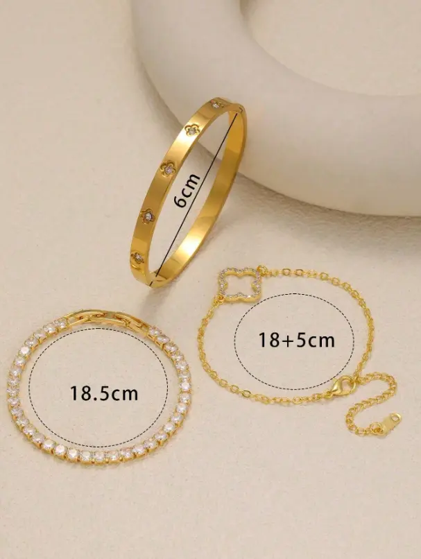 FREDDIE 3pc Elegant And Shiny Fashionable Petal Shaped Zirconia Inlaid Stainless Steel Zirconia Bracelet Set, Suitable For Daily Wear And As A Gift For Friends
