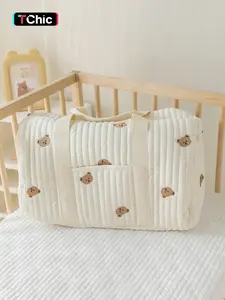 Cute Bear Pattern Quilted Storage Bag, Lightweight Large Capacity Shoulder Bag, Multi-functional Storage Bag for Outdoor, Newborn to Toddler Essentials, Multifunctional Diaper Bag, Lightweight Diaper Handbag, Travel Diaper Bag
