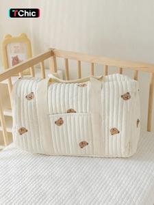 cute bear pattern quilted storage bag, lightweight large capacity shoulder bag, multi-functional storage bag for outdoor, newborn to toddler essentials