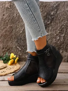 Women's Fashion New Open Toe Chunky Heel Breathable Mesh Sandals, Back Zipper Design, Outdoor Anti-Slip Slip-On Shoes