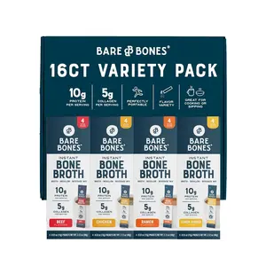 Bare Bones Bone Broth Powder Packets Variety Pack | 5 g Collagen | 10 g Protein | Keto & Paleo Friendly | No Artificial Flavors | Non-GMO, Gluten-Free, Dairy-Free on-the-go 16 Pack + Recipe Guide