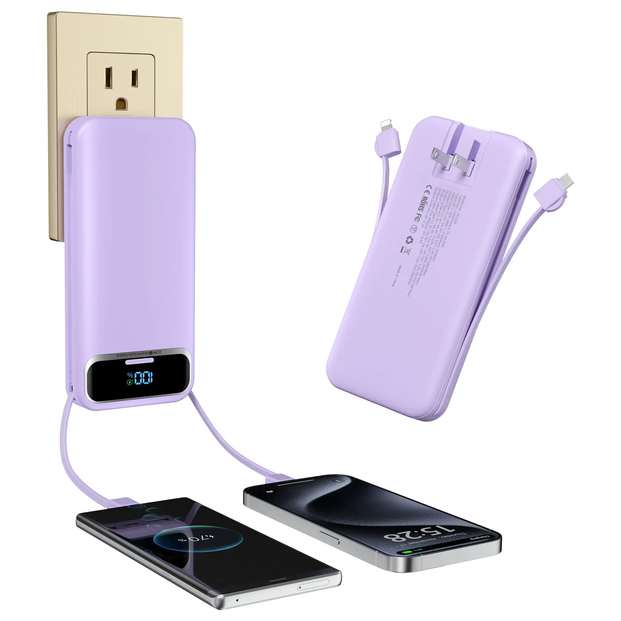 citicr AC wall plug 2-in-1 portable charger, 12000mAh with dual-wire Type-C iOS interface, PD20W fast charging, digital display screen external battery pack, suitable for travel and outdoor use, iPhone, Android and other devices