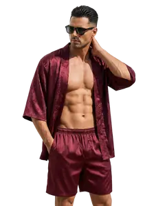 Men's Rose Jacquard Satin Kimono Cardigan - Luxury Floral Print Silk-Feel Open Front Robe | Aesthetic Streetwear Top