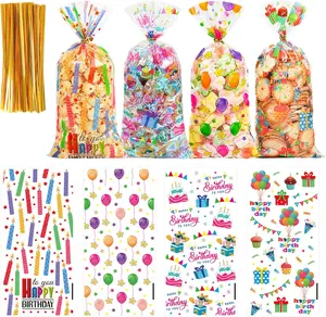50PCS Birthday Clear Cellophane Treat Bags: Clear Goodie Bags with 60 Twist Ties for Kids Birthday Party Favors Wrapping, Packaging Candy Cookies Treat Classroom Return Gifts - 4 Colorful Designs QOIUSO