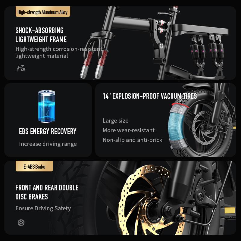 Adult electric folding bicycle with 500W motor, 16-level shock absorption system, 48V 15Ah battery, and a range of 100 kilometers. Wheel Pedals Ebike Charger