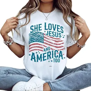 Women's Independence Day Patriotic T-shirt, Christian Shirt, 4th Of July Shirt, She Loves Jesus And America Too Shirt, America Retro Shirt, Usa Shirt, USA Flag Tee tiktok shop