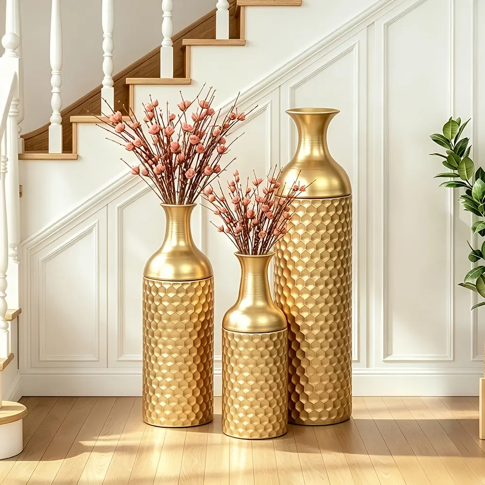 3pcs Metal Tall Floor Vase, Large Golden Vase Decorative Tall Stand Vases, Modern Honeycomb Texture Big Standing Vases for Dried Flower Embossed Body Pattern, 27.6" H/22.8" H/17.4" H Geometric Cylinder