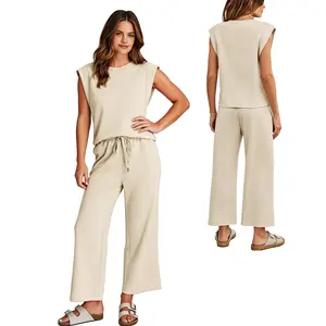Women's 2-Piece Casual Relaxed Sleeveless Clothes Set with Drawstring Waist Pants, Ideal for Lounging at Home & Light Travel Beige Matching