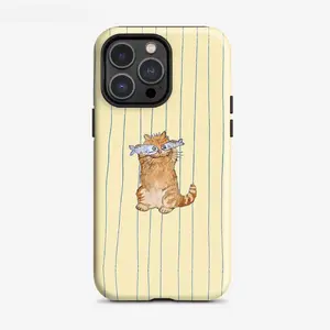 This is a cute cartoon cat holding a fish design, a durable 2-in-1 protective case for iPhone 17/16/15/14/13/12/11 Pro Max/Plus/Pro and Samsung Galaxy S25/S24/S23 Ultra. It's also suitable for couples and provides drop protection.