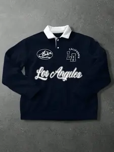 Men's Vintage California Los Angeles Polo Neck Sweatshirt Graphic in Navy Color, Casual Fitted Top for Fall & Winter, Everyday Streetwear Style Graphic Sweatshirts