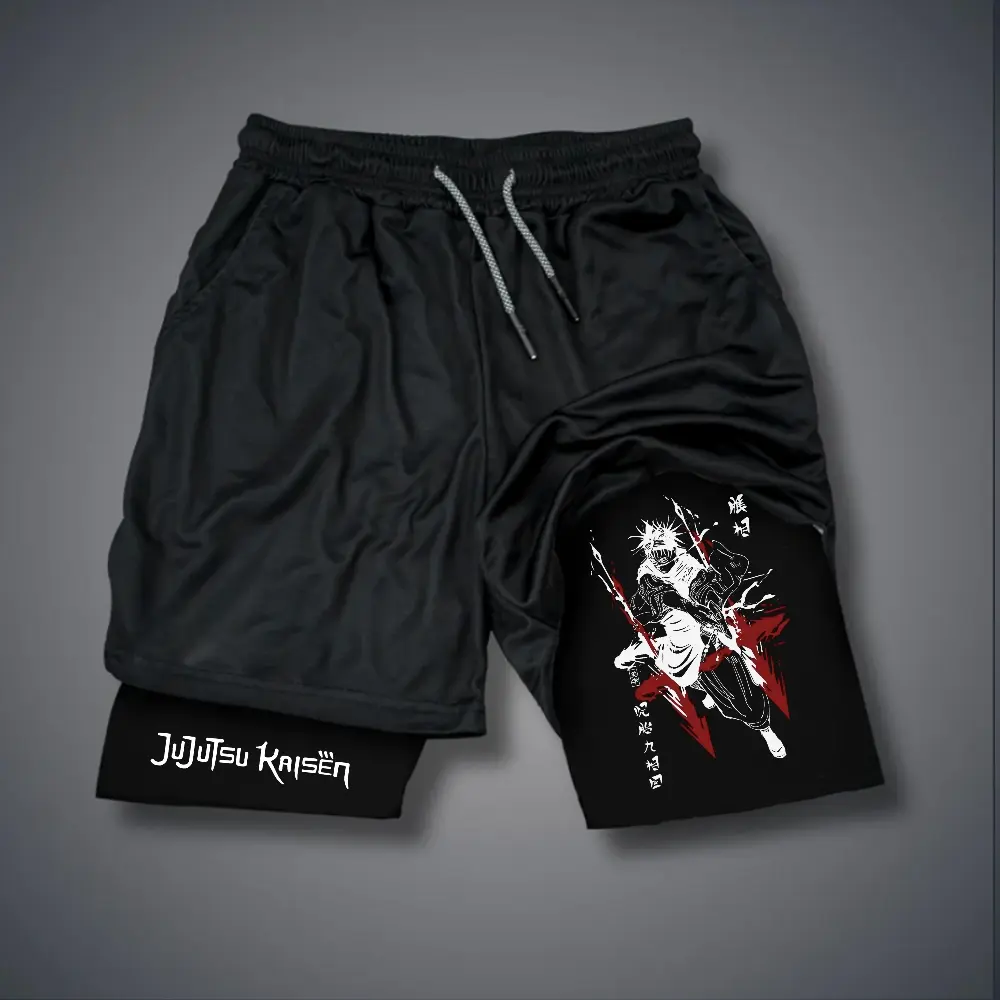 Jujutsu Kaisen Anime 80s 90s Double-Layer Sports Shorts Graphic Shorts Black Camo Streetwear Shorts Men Outfits Men Vacation Outfits Shorts
