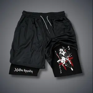 Jujutsu Kaisen Anime 80s 90s Double-Layer Sports Shorts Graphic Shorts Black Camo Streetwear Shorts Men Outfits Men Vacation Outfits Shorts
