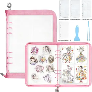 Sticker Organizer Binder Reusable Sticker Storage Collecting Album A5 Clear Sticker Binder Album with Blank Release Paper Tweezer & Spatula(Pink)