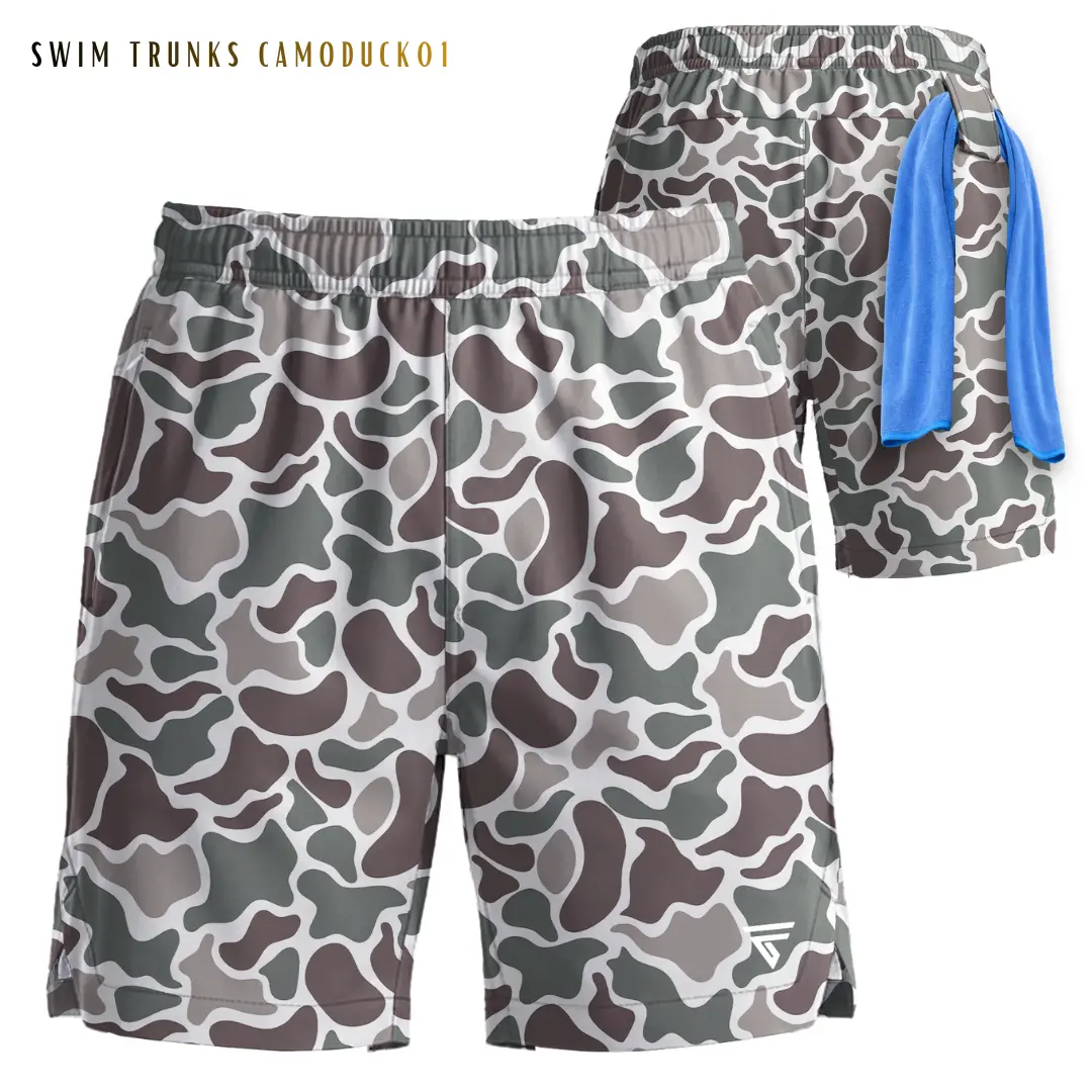 Men's 7" Camo Athletic Swim Trunks, 2-in-1 Swimsuit Shorts with Compression Liner, Quick-Dry High Stretch Fabric with Pockets, Anti-Odour and UV Protection, Lightweight Beach Trunks, Velcro