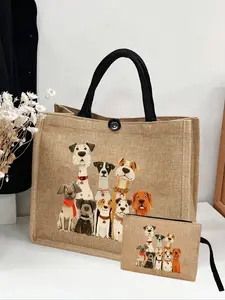 Yellow linen tote bag, featuring a cute cartoon dog pattern, yellow linen shopping bag, with a drawstring makeup pouch, Christmas gift, large-capacity women's linen tote, perfect for beach vacations, travel, and holiday essentials.