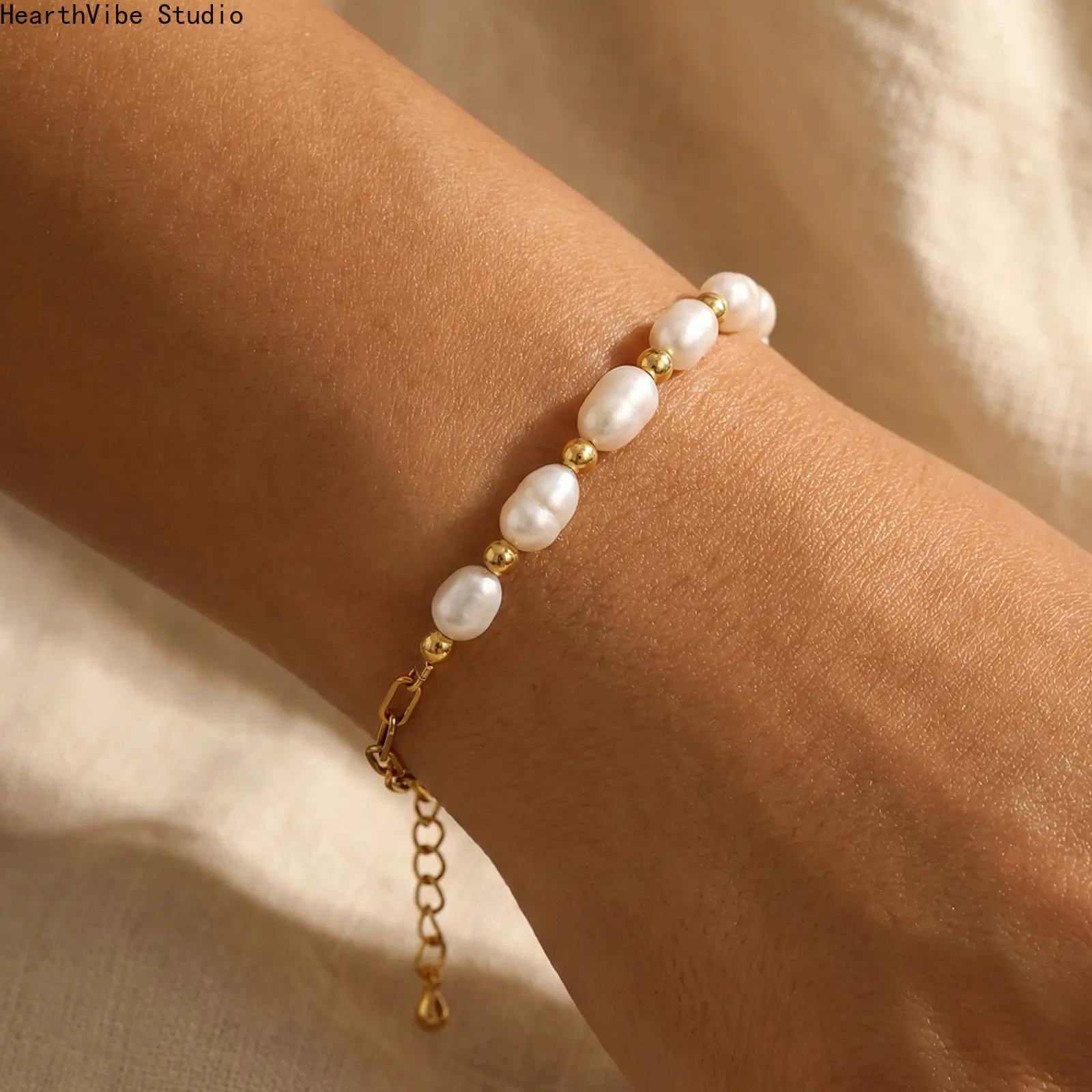Women's Gold-Plated Pearl Bracelet for Female Youth - Freshwater Pearl, Gold Color Beads, Adjustable Stainless Steel Chain Sports Wristband, Elegant Sports Accessory, Pearl Bracelets
