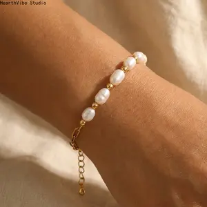 Gold Color Beads Freshwater Pearls Mixed Adjustable Stainless Steel Chain Bracelet Bangles For Women Elegant Jewelry