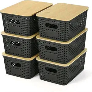 6-Piece Plastic Storage Basket With Bamboo Lid Stackable Storage Box For Home Office Game Room Dormitory Storage Solution