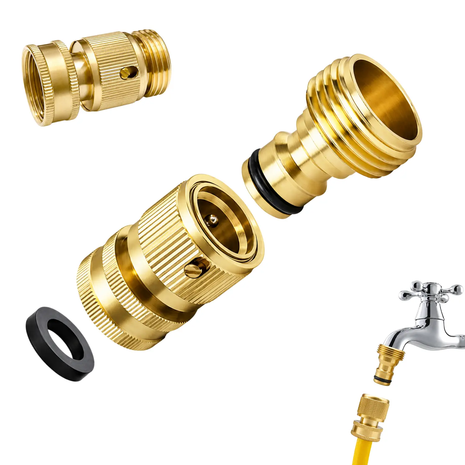 Solid Brass Garden Hose Quick Connector Kit｜3/4" GHT No‑Leak Male Female Hose Fitting Adapter, Heavy Duty Quick Disconnect for Yard Garden Water Hose, Gardening Tool Accessories