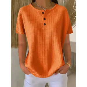 VVZ 2026 Women's Casual Henley Neck Short Sleeve T-Shirt, Solid Color Loose Fit Tee, Summer Everyday Blouse for Commuting, Travel, or Daily Wear