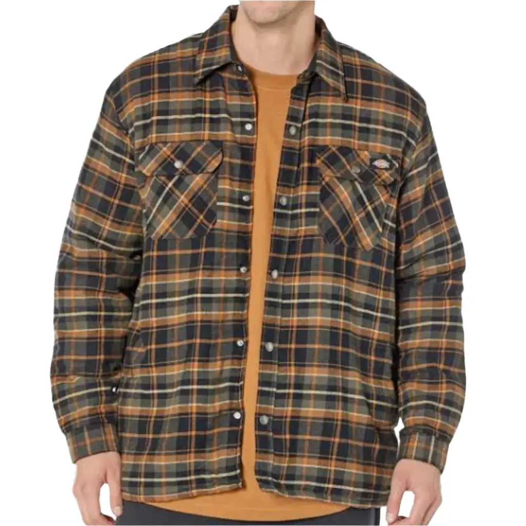 Dickies Men's Sherpa-Lined Moss/Black Plaid Flannel Shirt Jacket, Water-Repellent Long-Sleeve Autumn Top with Hand-Warmer Pockets, Back Tape, Fitted Preppy Casual Everyday Wear