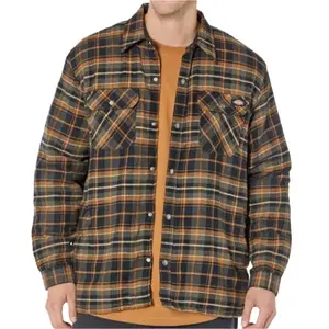 Dickies Sherpa Lined Flannel Shirt JKT Moss/Black Plaid Fitted Long Sleeve Casual Preppy Autumn Medium Length DWR Technology