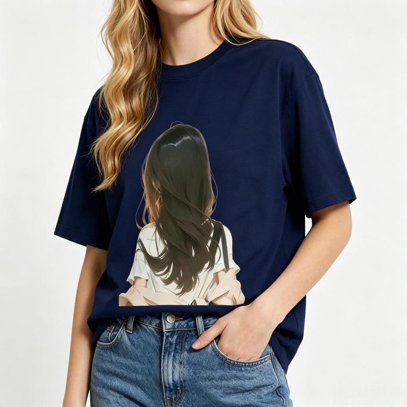 Women's Pure Cotton Crew Neck Oversized Graphic Tshirt - Navy, Short Sleeve, Wavy Hair Back View Shawl Print, Breathable, Comfortable, Elegant, Perfect Fit, Summer Beach Casual Streetwear Top