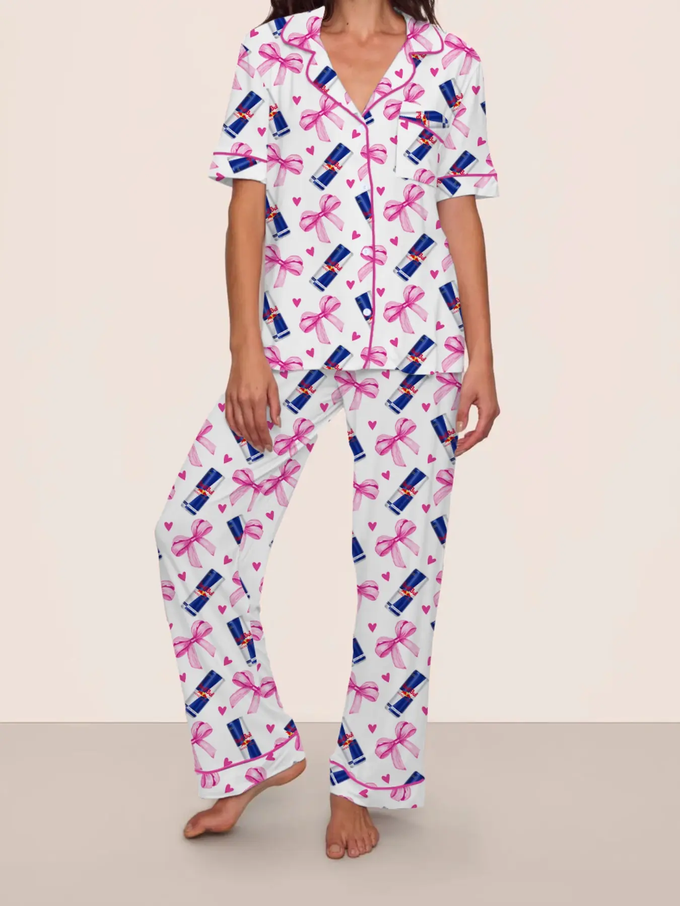 Bull Soda Drink Valentine's Day Women's Pajama Set, Short Sleeve Long Pants Two-Piece Sleepwear Loungewear, Casual Fitted Graphic for Fall & Winter