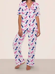 Bull Soda Drink Valentine's Day Women's Graphic Print Pajama Set, Short Sleeve Long Pants Two-Piece Sleepwear, Loungewear, Casual Fitted for Fall & Winter