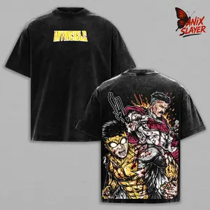 Omni Man vs Mark Grayson, Invincible T-Shirt Vintage Washed Oversized Heavy Cotton Graphic Tee, Superhero Comic Battle Streetwear Shirt, Dark Blood Fight Back Print Tee, Unisex Gym Pump Cover Gamer Streetwear Outfit, Gift For Anime Comic Fans