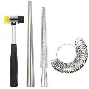 4 Pcs Ring Sizer Mandrel Measuring Tool,Including Steel Ring Sizing Gauge Sizers Set,Rubber Jeweler's Mallet Hammer,Metal Finger Size Stick,Wire Wrap Rings Tools,Jewelry Making Kit,Hand Tools Kits