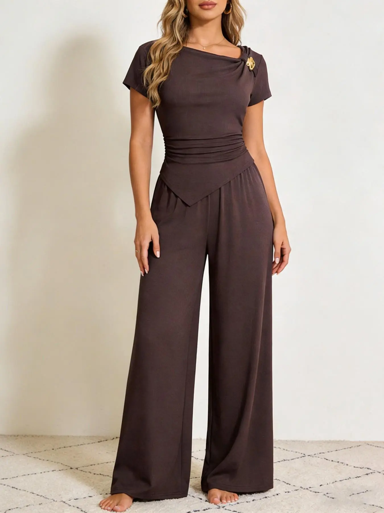 2 Piece Spring Summer Outfit Set Women Clothes | Solid Asymmetrical Neck Ruched Top + Wide Leg Loose Pants | Old Money Quiet Luxury Casual Style for Daily Office Vacation Wear