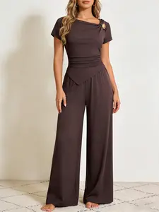 2 Piece Spring Summer Outfit Set Women | Asymmetrical Neck Ruched Top + Wide Leg Pants | Old Money Quiet Luxury Style for Daily Office Vacation Wear