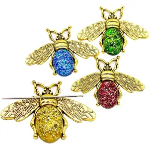 4pcs Bee Needle Minder with Shimmering Gemstone Body, Strong Magnetic Needle Holder for Cross Stitch Sewing, Gift for Crafters