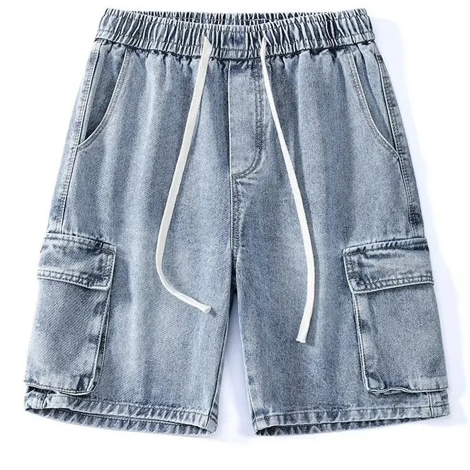 Light Wash Denim Utility Shorts with Elastic Waist, Loose Fit for Everyday Wear