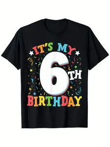 /Youngsters' 6th Birthday T-Shirt, Cotton Crew Neck Short Sleeve Top with "It's My 6th Birthday" Print, Casual All-Season Knit Fabric Tee for Boys and Girls, Breathable Streetwear Fashion - Perfect Gift for Six Year Olds