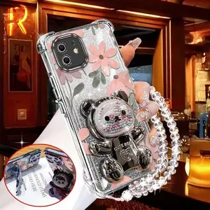 1 Piece iPhone 11 Lovely flowers Bear stand and beaded lanyard Pattern Comfortable feel Design Shockproof Protection Made Suitable For iPhone 11 Phone Cases Ideal For Entertainment Shockproof Phone Cover