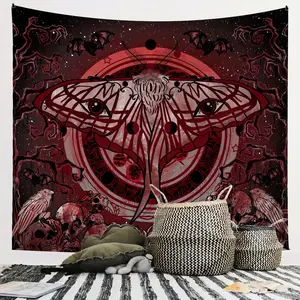 Gothic Skull & Bat Tapestry - Dark Red Peach Fur Wall Hanging for Bedroom, Living Room, Dorm Decor - Horizontal Orientation, Polyester, 90gsm, Gothic Home Decor, Background Cloth, Aesthetic Decoration