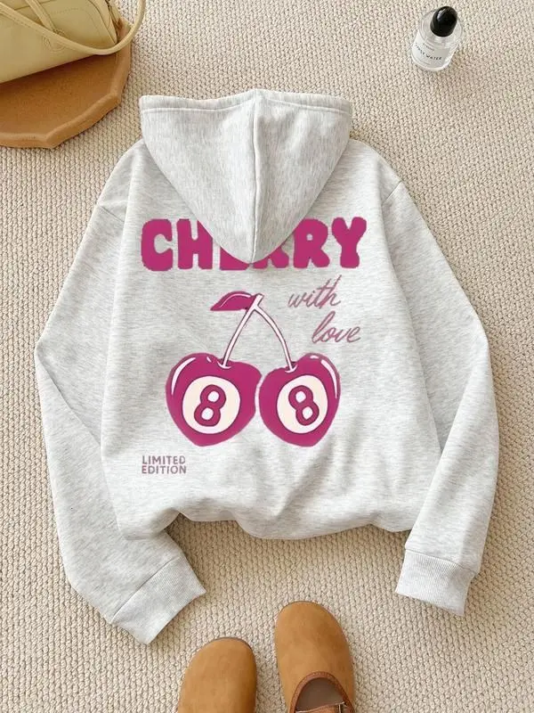 Women's Cherry Letter Vintage 1 Side Hoodie, Fall Winter Fleece Lined Casual Long Sleeve Top, Daily Wear Streetwear