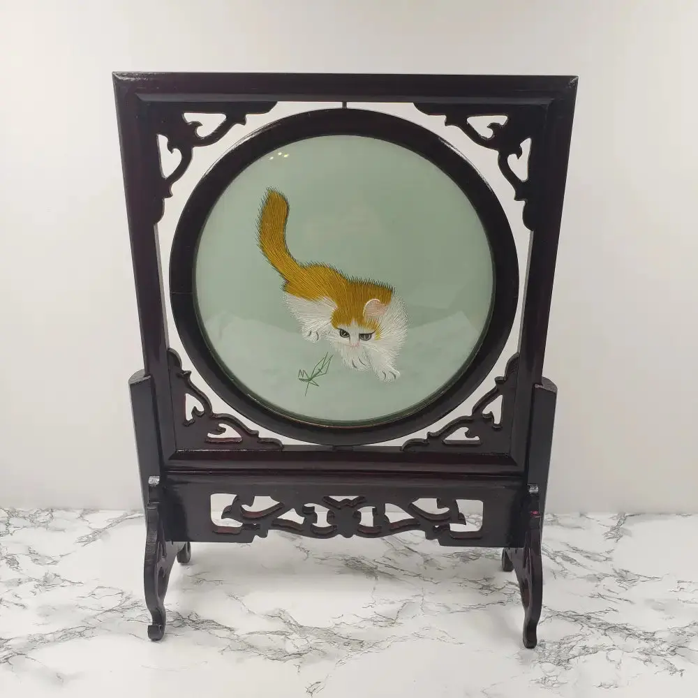 Silk Embroidered Cats Large Wood Glass Vintage