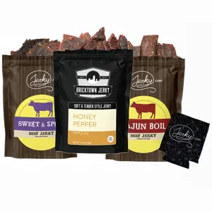 3 Pack - Joey's Favorites Jerky Bundle + Koozie - Sweet & Spicy Beef, Soft & Tender Honey Pepper Beef, Cajun Boil Beef - All-Natural, No Added Preservatives - 7.5 oz