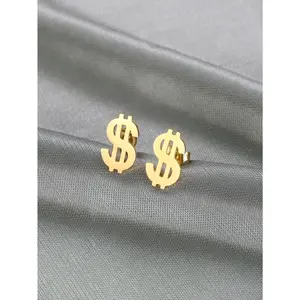 Unisex Stainless Steel Stud Earrings - Gold Dollar Sign Button Design, Simple Stylish Daily Fashion Costume Jewelry