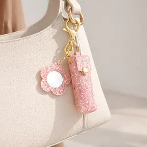 Glitter Lipstick Holder Keychain with Flower Mirror, Portable Cute Lip Balm Pouch Bag Charm for Women Girls