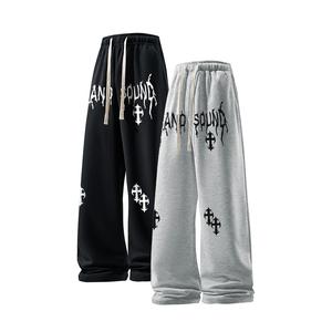 Unisex 2-Piece Casual Sporty Joggers Outfits, 60% Cotton Shell with Polyester-Spandex Blend, Letter & Cross Print, Drawstring Waist, Regular Fit, Comfy Streetwear, Classic Black & Gray, Women's Pants Clothes Sweats