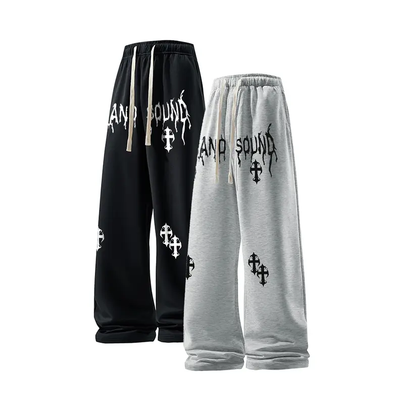 #Springfresh 2-piece set Men's Letter & Cross Print Drawstring Waist Sweatpants Muti-Set Casual Street Comfy Regular Fit Jogger Pants for Daily Wear Unisex 60% Cotton Classic Black & Gray