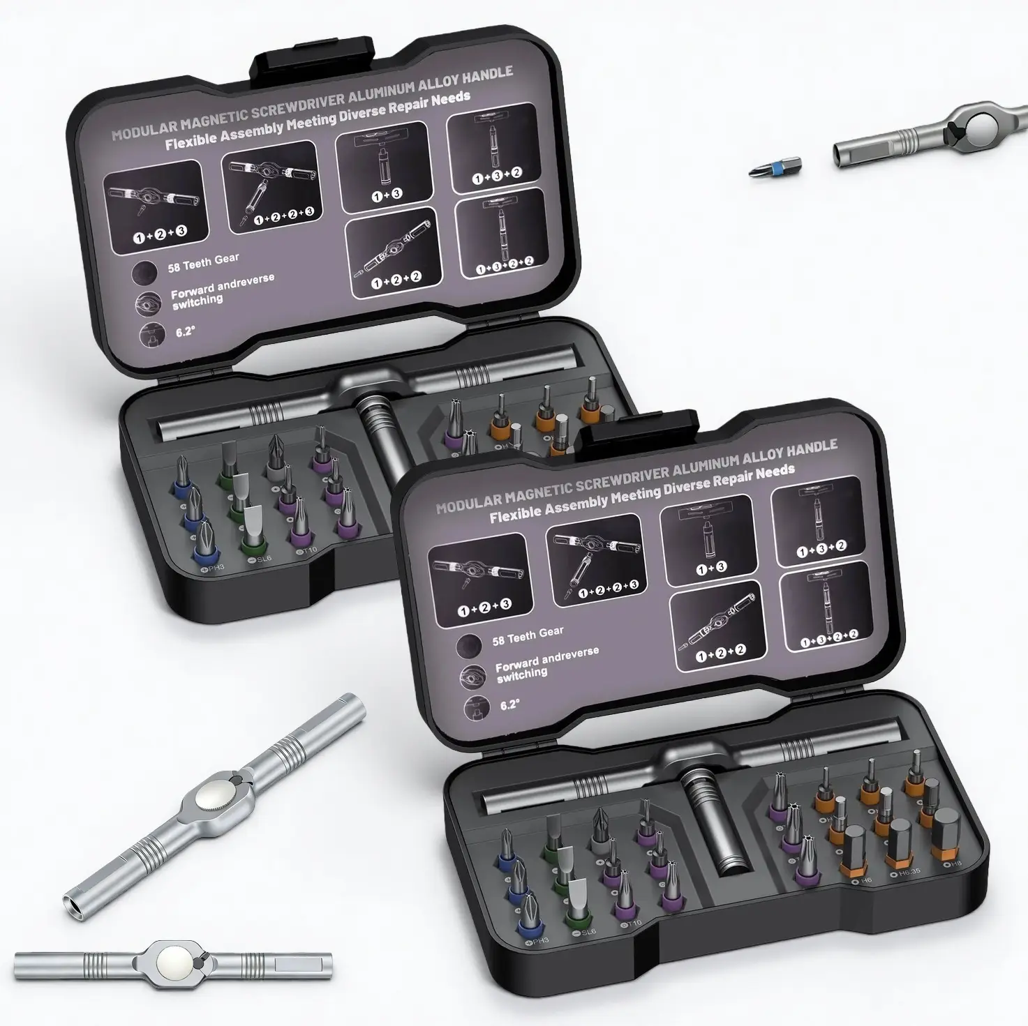 2-Set Multifunctional Magnetic Compact Portable Ratchet Kit with Case, Screwdriver Bits, Magnetic Stepped Hex Bit Screwdriver, Mini Tools, Removable Self-Assembly Precision Tools for PC, Auto Repair (Black), Multifunctional Screwdriver