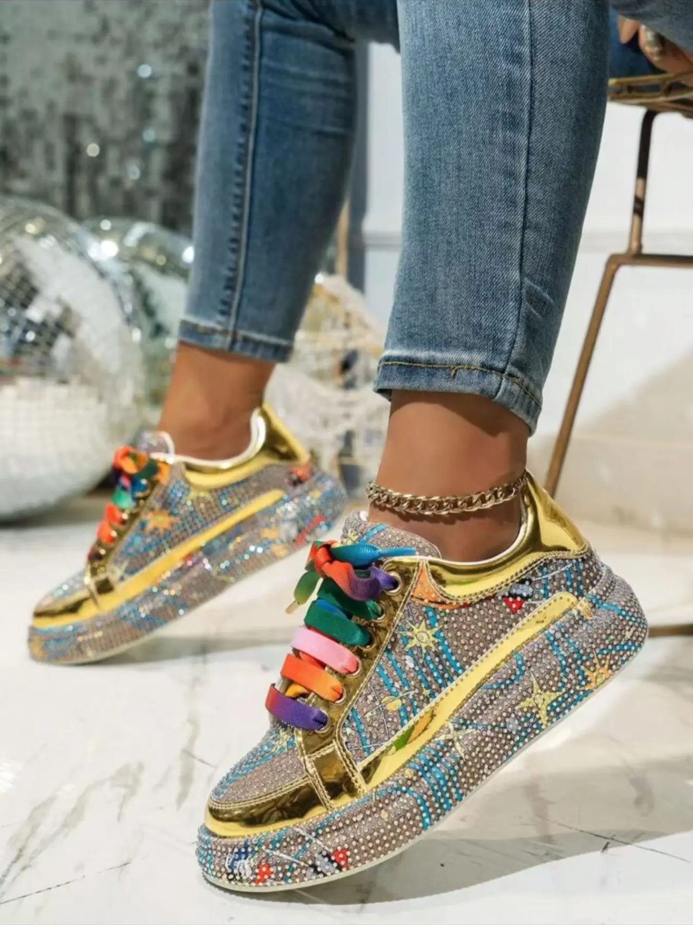 Women's Rhinestone Sport Casual Shoes, Multicolor Embellished Low Top Lace-Up Design, All-Season Versatile Trendy Walking Sneakers, Trendy Fashion Sneaker, Casual Wear Sneaker, PU Leather Sneakers
